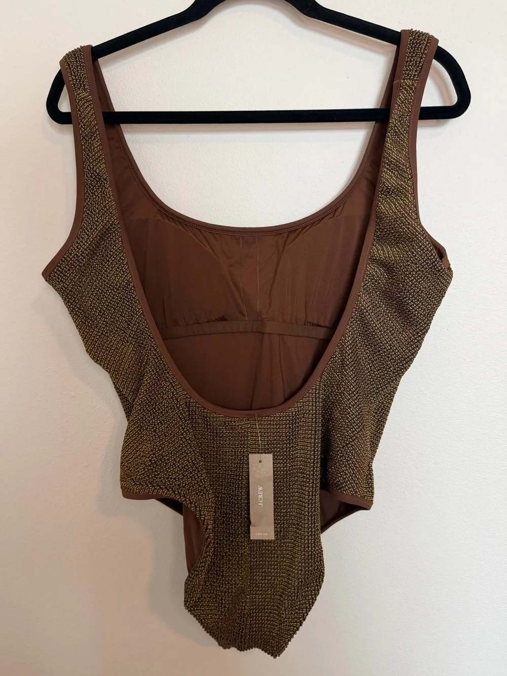 J.Crew Claudia Metallic Scrunchie One-Piece Swimsuit in dark twig brown 14
